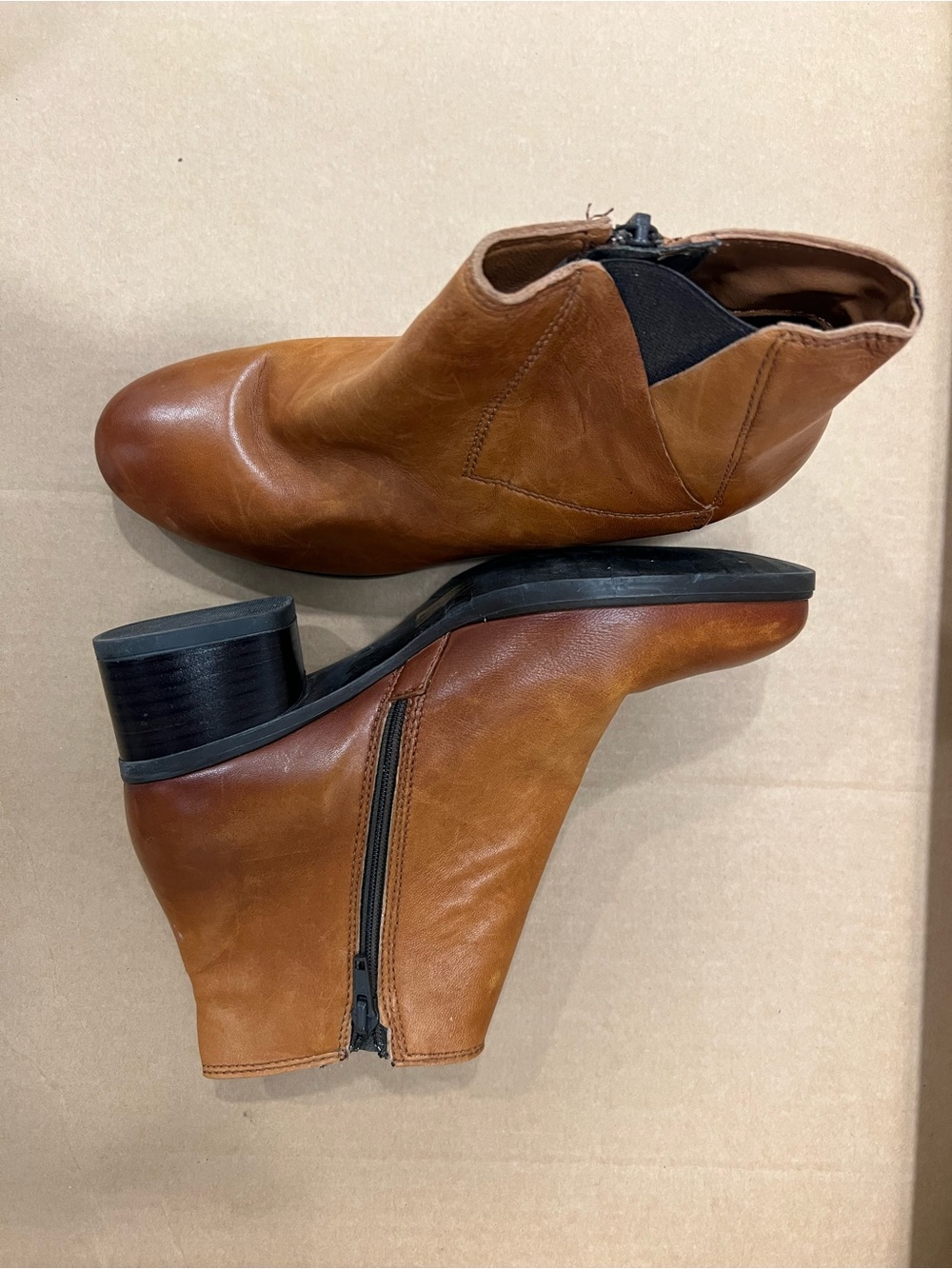 Women's Tan Leather Ankle Boots with Low Block Heel
